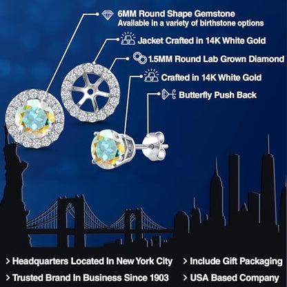 Gem Stone King 14K White Gold 6MM Round Gemstone Birthstone Stud Earrings with Removable Jackets and Lab Grown Diamond Accents | Gold Earrings For Women | Fine Jewelry Gift for Her Mom Women Wife - color: Mercury Mist Mystic Topaz