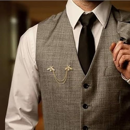 Collar Chain Pin for Men and Women - Hanging Tassel Brooch Lapel Pin for Business Suits - Bar Pin With Long Chain - Gifts - color: A: bee gold