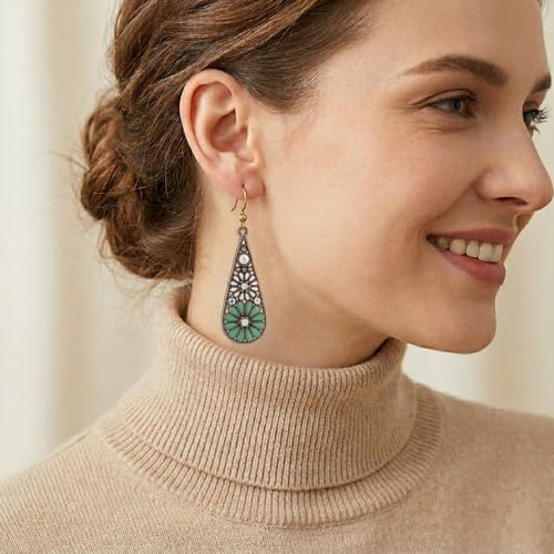 Bohemian Crystal Teardrop Dangle Earrings, Copper, Tribal Geometric Design, Handmade National Style for Women - color: Light Green