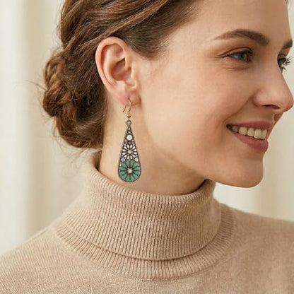 Bohemian Crystal Teardrop Dangle Earrings, Copper, Tribal Geometric Design, Handmade National Style for Women - color: Light Green
