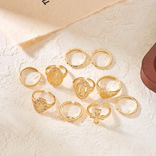 Chunky Gold Rings for Women Rhinestone Stackable Knuckle Ring Set Open Adjustable Statement Ring Set Dainty Crown Cross Midi Rings Fashion Jewelry Gift for Women - color: Gold5