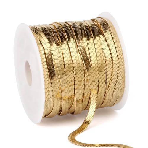 33FT 3mm Stainless Steel Gold Snake Chains Roll Bulk for Jewelry Making | 18K Gold PVD Plated 304 Stainless Steel Flat Snake Chains Roll Spool for DIY Craft - color: 3.0mm Gold Flat Snake Chains