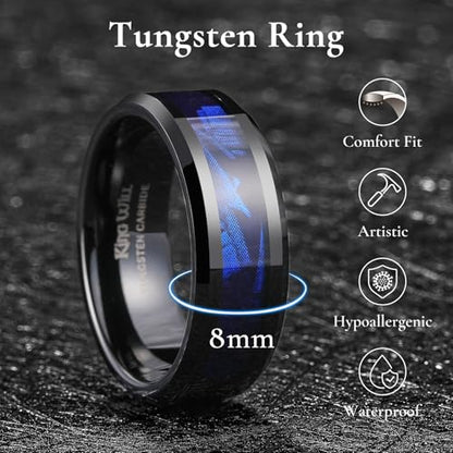King Will Tungsten Wedding Band Wood Inlay for Men Black Beveled Edge | Black, 8mm, Beveled Edge, Comfort Fit, Wood inlay, Promise Gift - color: Black-Blue