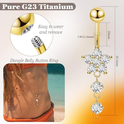 14G G23 Titanium Dangle Belly Button Ring for Women Flower CZ Dangling Belly Rings Cute Dainty Dangly Navel Ring Belly Piercing Jewelry - color: Gold