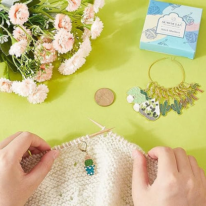 SUNNYCLUE 1 Box 20Pcs Stitch Markers Cute Lobster Clasp Charms Green Plants Cactus Crochet Stitch Marker Removable Knitting Stitch Markers Metal Crocheting Markers for Sewing Weaving Knit Threading - color: 20pcs Green Plants Stitch Markers With Upgraded