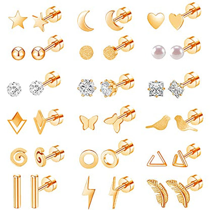 MJust 18 Pairs Earrings Set – Flat Back Stud Hypoallergenic 20G Steel stud | 18 Pairs Flat Back Earrings Set – Hypoallergenic 316L Steel Studs for Cartilage & Lobe Piercings - color: Rose Golden