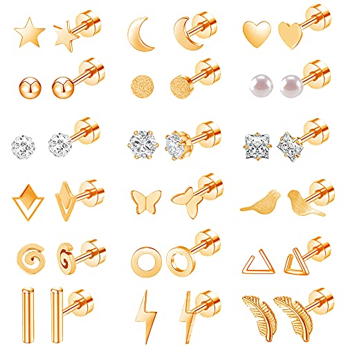 MJust 18 Pairs Earrings Set – Flat Back Stud Hypoallergenic 20G Steel stud | 18 Pairs Flat Back Earrings Set – Hypoallergenic 316L Steel Studs for Cartilage & Lobe Piercings - color: Rose Golden