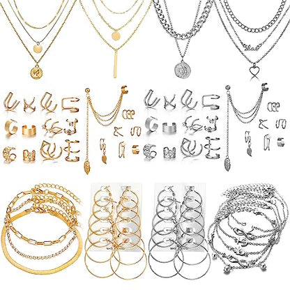 60 PCS Gold Jewelry Set with Multi-Layered Bracelet Necklace, Dangle Earrings, Stackable Ring For Women Valentine Anniversary Jewelry Pack Gifts For Her - color: C-12GOLD
