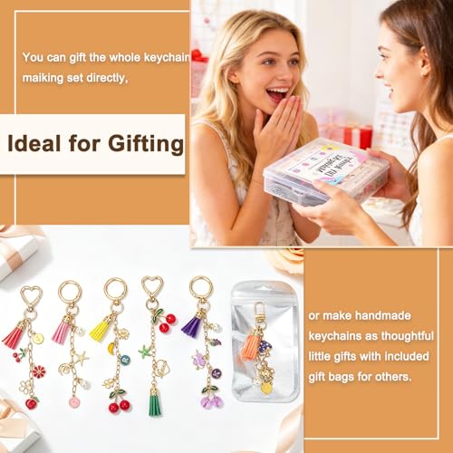 570 Pcs Keychain Making Kit, DIY Charm Making Supplies with Tassels | Enamel Charms Letter Beads, Pearl and Cherry Charm, Extender Chains, Storage Box Instruction Manual with Gift Bags, DIY Craft - size: 570pcs kit