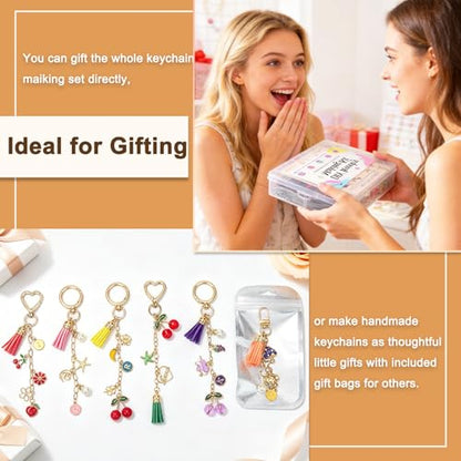 570 Pcs Keychain Making Kit, DIY Charm Making Supplies with Tassels | Enamel Charms Letter Beads, Pearl and Cherry Charm, Extender Chains, Storage Box Instruction Manual with Gift Bags, DIY Craft - size: 570pcs kit