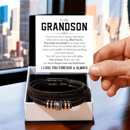 To My GrandSon Bracelet – Love You Forever Braided Leather Bracelet, Meaningful GrandSon Gift from Grandpa & Grandma with Heartfelt Message Card & Elegant Gift Box for Birthday, Christmas - color: Version#6