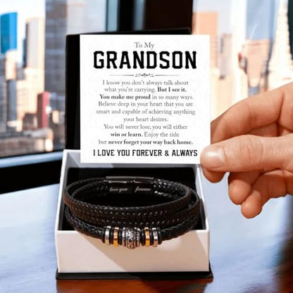 To My GrandSon Bracelet – Love You Forever Braided Leather Bracelet, Meaningful GrandSon Gift from Grandpa & Grandma with Heartfelt Message Card & Elegant Gift Box for Birthday, Christmas - color: Version#6