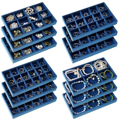 12 Pcs Jewelry Tray Velvet Stackable Jewelry Organizer Trays Divided Earring Accessories Storage Containers Box (Rose Red) - color: Peacock Blue