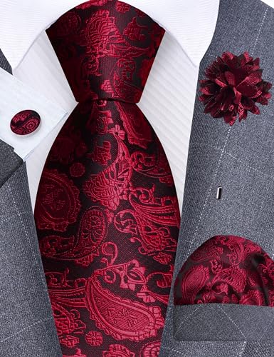 GUSLESON 3.15"（8cm） Mens Paisley Tie and Lapel Pin Necktie Hankerchief Cufflinks Set for Men - color: Burgundy Black