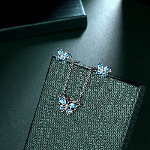 925 Sterling Silver Birthstone Butterfly Jewelry Women Crystal Animal Cute Butterflies Birthday Necklace/Earring/Ring/Bracelet Sets Birth Stone Statement Anniversary Jewellery - color: 1-C.March-Aquamarine