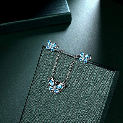 925 Sterling Silver Birthstone Butterfly Jewelry Women Crystal Animal Cute Butterflies Birthday Necklace/Earring/Ring/Bracelet Sets Birth Stone Statement Anniversary Jewellery - color: 1-C.March-Aquamarine