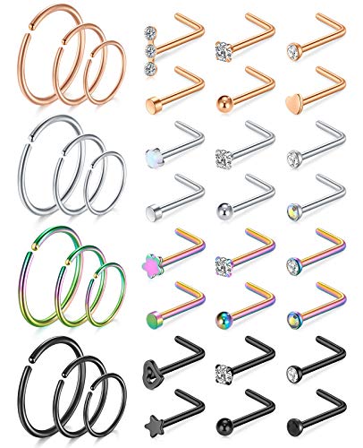 MODRSA 20g Nose Rings Hoops Nose Studs for Women Surgical Steel Hypoallergenic 20 Gauge Nostril Piercing Jewelry L Shape Crokscrew Silver Rose Gold Black Hoop Nostril Rings for Men - color: L Shape 20g - Silver, Rose Gold, Black, Rainbow