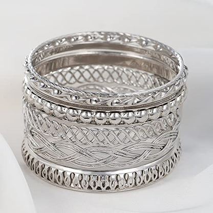 COLORFUL BLING 5-12Pcs Boho Indian Bangles for Women Twisted Chunky Stackable Cuff Bangle Statement Jewelry Handcuffs Wedding Layered Cable Smooth Bracelets Set - color: 7pcs silver