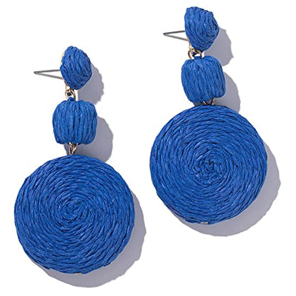 Statement Raffia Boho Round Dangle Ball Earrings - Cute Handmade Summer Bohemian Dangling Jewelry for Women - color: Royal Blue