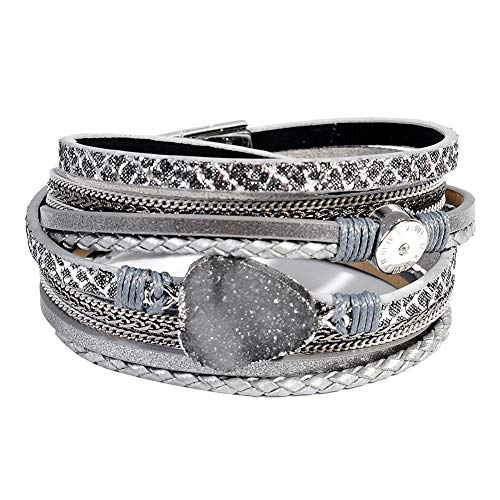 Artilady Leather Wrap Bracelet for Women, Pearl Beaded Bangle Stack Jewelry | Easy on-off, Elegant Handmade Multi-Layered, Daily Casual Date Beach Vacation, Gift for Ladies, Mother, Sister & Friend - style: Grey with druzy