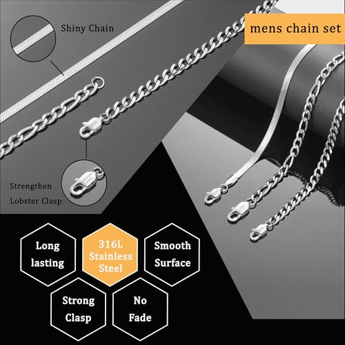 Zocomi 3 PCS Chain Necklace for Men Women, Stainless Steel Cuban Link/Figaro/Herringbone Chains Set Jewelry Gifts, 16/18/20/22/24 Inches - color: Silver, size: 24 inch (60cm)Extra Long Fit