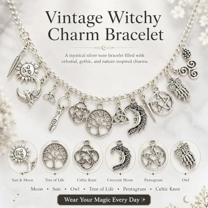 Vintage Witchy Charm Bracelet, Silver Gothic Boho Celestial Bracelet with Tree of Life Moon Pentagram Charm, Wiccan Lucky Link Chain Bangle Gift Jewelry for Women Halloween Party Friendship