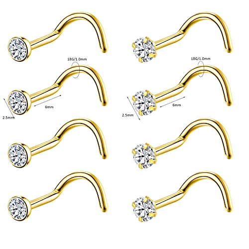 8PCS G23 Titanium Twist Screw Nose Studs 18G 20G Nose Rings 2mm 2.5mm 3mm Clear Pink Purple Aurora CZ Gold Nose Piercing Studs Nostril for Women Men - style: 18g gold clear cz 2.5mm