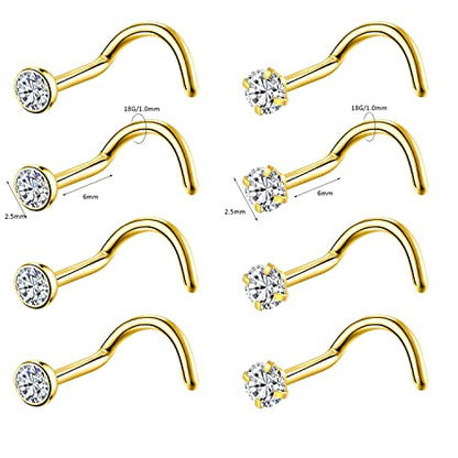 8PCS G23 Titanium Twist Screw Nose Studs 18G 20G Nose Rings 2mm 2.5mm 3mm Clear Pink Purple Aurora CZ Gold Nose Piercing Studs Nostril for Women Men - style: 18g gold clear cz 2.5mm