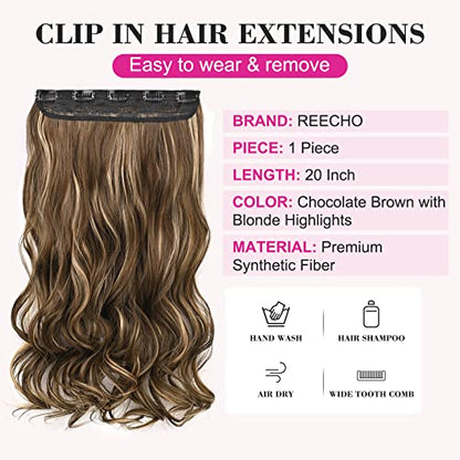 REECHO 20" 1-pack 3/4 Full Head Curly Wave Clips in on Synthetic Hair Extensions HE008 Hair pieces for Women 5 Clips 4.5 Oz Per Piece - Chocolate Brown with Blonde Highlights - color: Chocolate Brown with Blonde Highlights, size: 20 Inch (Pack of 1)