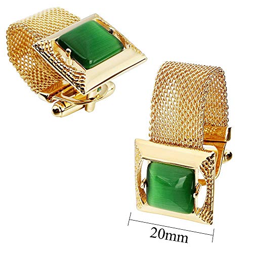 HAWSON Mens Cufflinks with Chain - Stone and Shiny Gold Tone Shirt Accessories - Party Gifts for Young Men - color: 24K Gold Color+Green Cats Eye