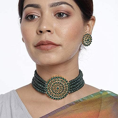 Aheli Pearl Diamond Choker Necklace & Round Earrings Gift for Women Indian Traditional Bollywood Fashion Bharatanatyam jewellery set - color: Green 2