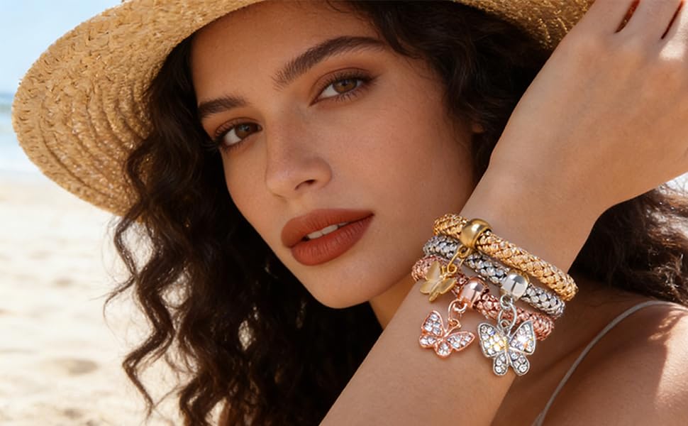Alegend 14K Gold Plated Stackable Multilayer Bracelets + Titanium Steel(Not Rust, Resist Corruption, Easily Clean) 18K Gold Plated Single Bracelets - color: 14K Gold Crystal Butterfly Diamond-Inlaid