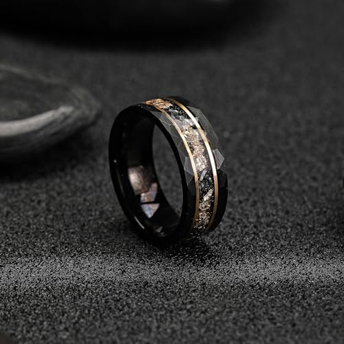 Mens Tungsten Carbide Wedding Bands 8mm Black Hammered Edge Gold Foil Inly Durable Scratch Proof Stainless Steel Cool Promise Ring for Him Comfort Fit - color: Black-8mm