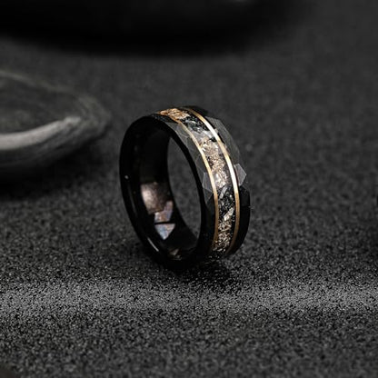Mens Tungsten Carbide Wedding Bands 8mm Black Hammered Edge Gold Foil Inly Durable Scratch Proof Stainless Steel Cool Promise Ring for Him Comfort Fit - color: Black-8mm