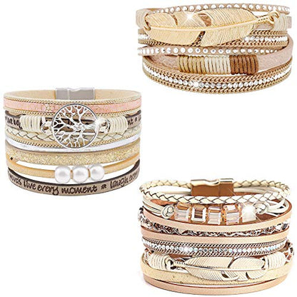 Leather Wrap Bracelet Set 3Pack Wrist Cuff Bracelet for Women Multilayer Magnetic Clasp Bracelet Feather Tree Bead Crystal Bracelet - color: Feather Tree Crystal