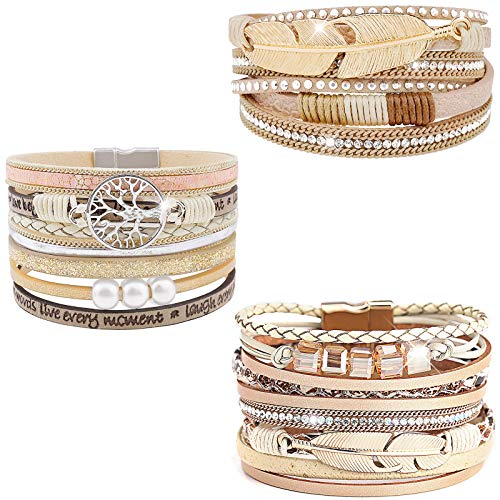 Leather Wrap Bracelet Set 3Pack Wrist Cuff Bracelet for Women Multilayer Magnetic Clasp Bracelet Feather Tree Bead Crystal Bracelet - color: Feather Tree Crystal