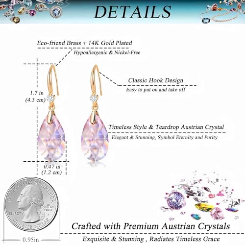 Austrian Crystal Teardrop Dangle Drop Earrings for Women 14K Gold Plated Hook Earring Hypoallergenic Jewelry Gifts for Women Girls - color: Pink