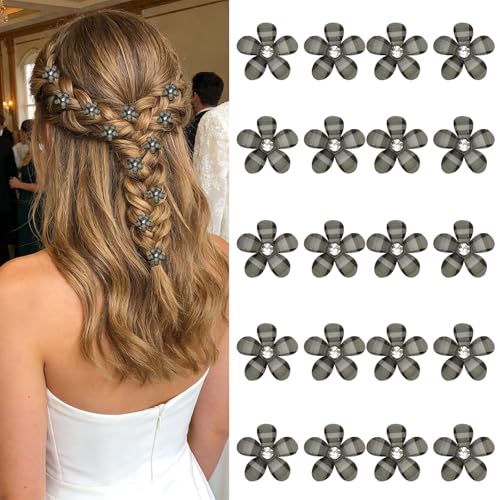 YISSION 20Pcs Mini Olive Green Plaid Flower Hair Clips, Rhinestone Decorative Hair Pins for Women and Girls Wedding Bridal Prom Daily Hairstyle Accessories - color: Olive Green