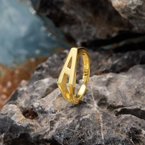 Cicy Bell Initial Rings for Women 18k Gold Plated Adjustable Rings | Open Signet Rings, Bold Letter, Personalized Engraved, For Party - color: Initial-A