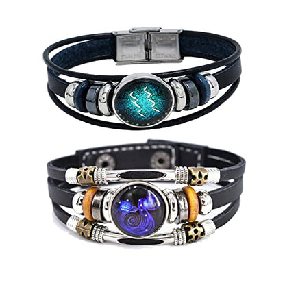 2Pcs Multilayer Constellation Zodiac Leather Bracelet Handmade Woven Zodiac Sign Wrap Bracelet Wristband for Women Men Jewelry Birthday Gift - color: B:Aquarius(1/20 - 2/18)