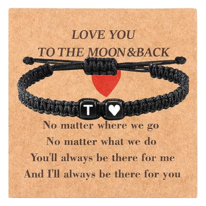 Valentines Day Gifts for Him Her Heart Love Letter Initial Matching Couple Bracelets for Women Men Teen Gifts Best Friend Graduation Birthday Gifts A-Z Braided Bracelet Son Daughter Dad Jewelry - color: Black-T