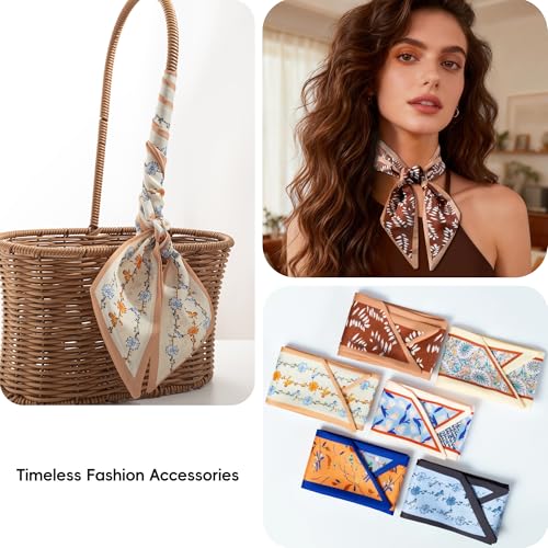 ZXZH 6 Pack Fashion Scarves for Women, Versatile Boho Head Scarf | Satin Scarf for Hair, Neck, Wrist, and Purse Accessories - color: Cognac Botanical Mix