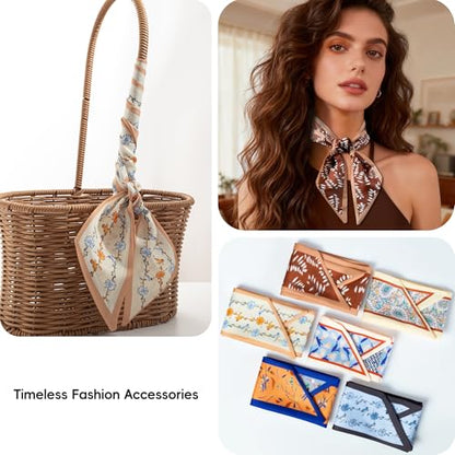 ZXZH 6 Pack Fashion Scarves for Women, Versatile Boho Head Scarf | Satin Scarf for Hair, Neck, Wrist, and Purse Accessories - color: Cognac Botanical Mix