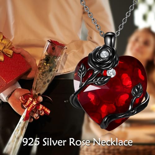 Halloween Necklace 925 Sterling Silver Black Rose Rib Cage Heart Pendant Necklace Halloween Jewelry Gifts for Women Gothic Party - style: Black Rose