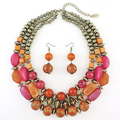 Bocar 3 Layer Chunky Statement Beaded Necklace and Earrings Set, Fashion Multi Layer Women Collar Necklace Jewelry Set - color: Orange