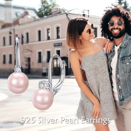 TIGER RIDER Pearl Earrings 925 Sterling Silver Leverback Hypoallergenic Drop Earring Jewelry for Women Birthday Gifts - style: Pink Pearl 2