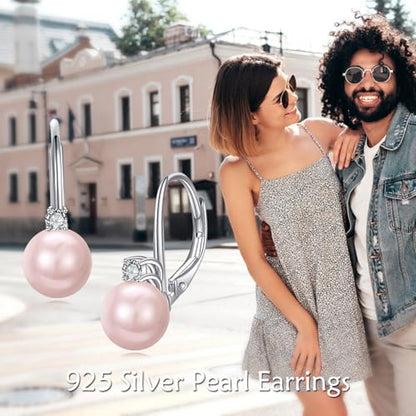 TIGER RIDER Pearl Earrings 925 Sterling Silver Leverback Hypoallergenic Drop Earring Jewelry for Women Birthday Gifts - style: Pink Pearl 2