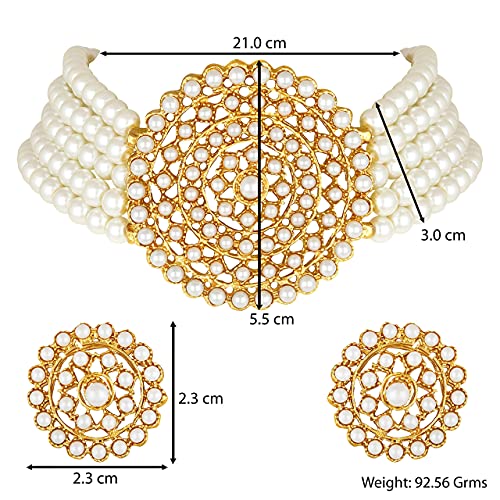 Aheli Pearl Diamond Choker Necklace & Round Earrings Gift for Women Indian Traditional Bollywood Fashion Bharatanatyam jewellery set - color: White 1