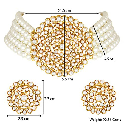 Aheli Pearl Diamond Choker Necklace & Round Earrings Gift for Women Indian Traditional Bollywood Fashion Bharatanatyam jewellery set - color: White 1