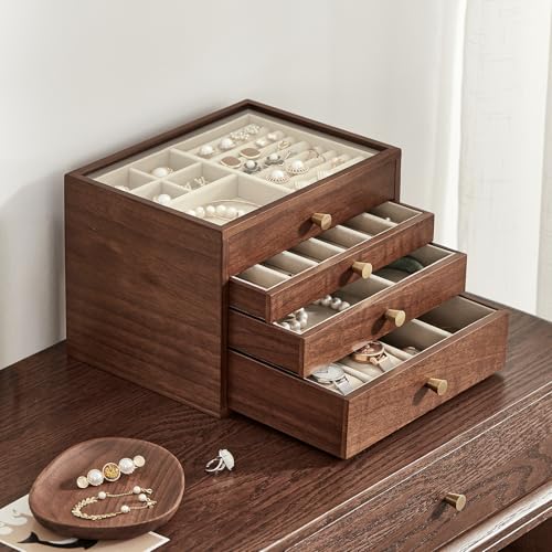 Black Walnut Wooden Women Jewelry Box with Glass Lid, 4 Layer | Large Drawer Jewelry Organizer,Velvet-Lined, For Necklaces, Watch, Ring, Earring, Ideal Gift for Her - style: 4 Layer A